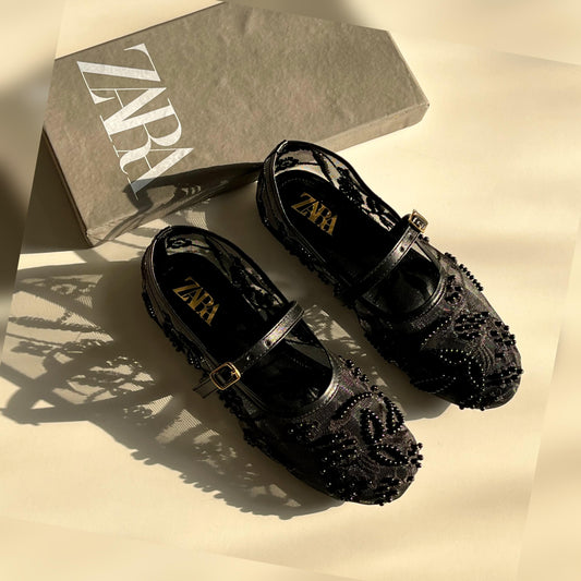 ZARA - Net Round Pearl Embroidered Flat Shoes