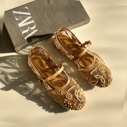 ZARA - Net Round Pearl Embroidered Flat Shoes